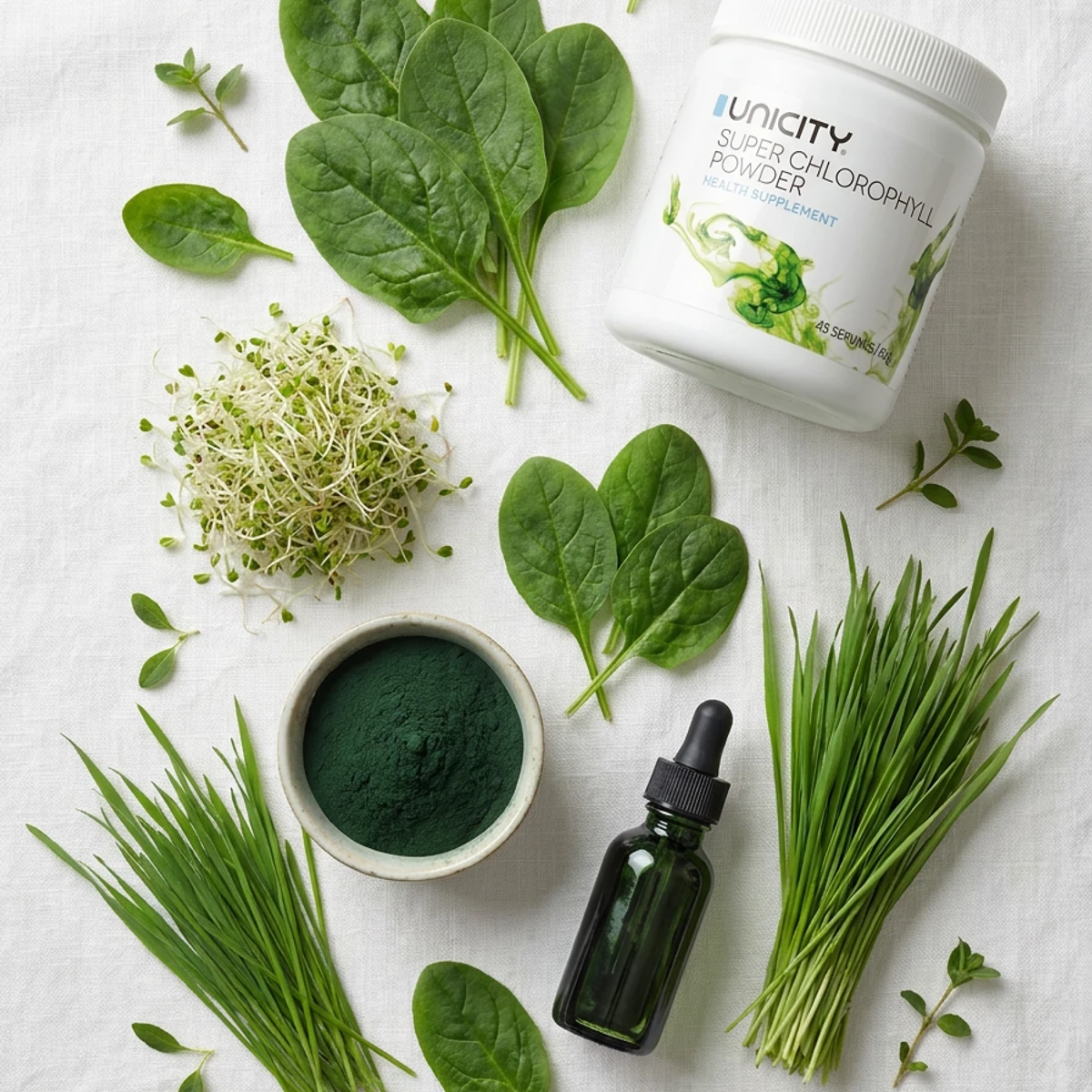 Thành phần diệp lục tự nhiên trong Diệp Lục Unicity — spirulina, tảo xanh, lá xanh | nguyenphuonghealthy24h