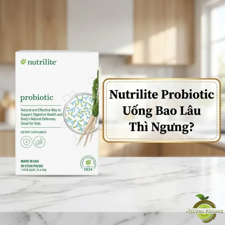 Nutrilite Probiotic uống bao lâu thì ngưng - hộp lợi khuẩn Amway trên bàn đá marble
