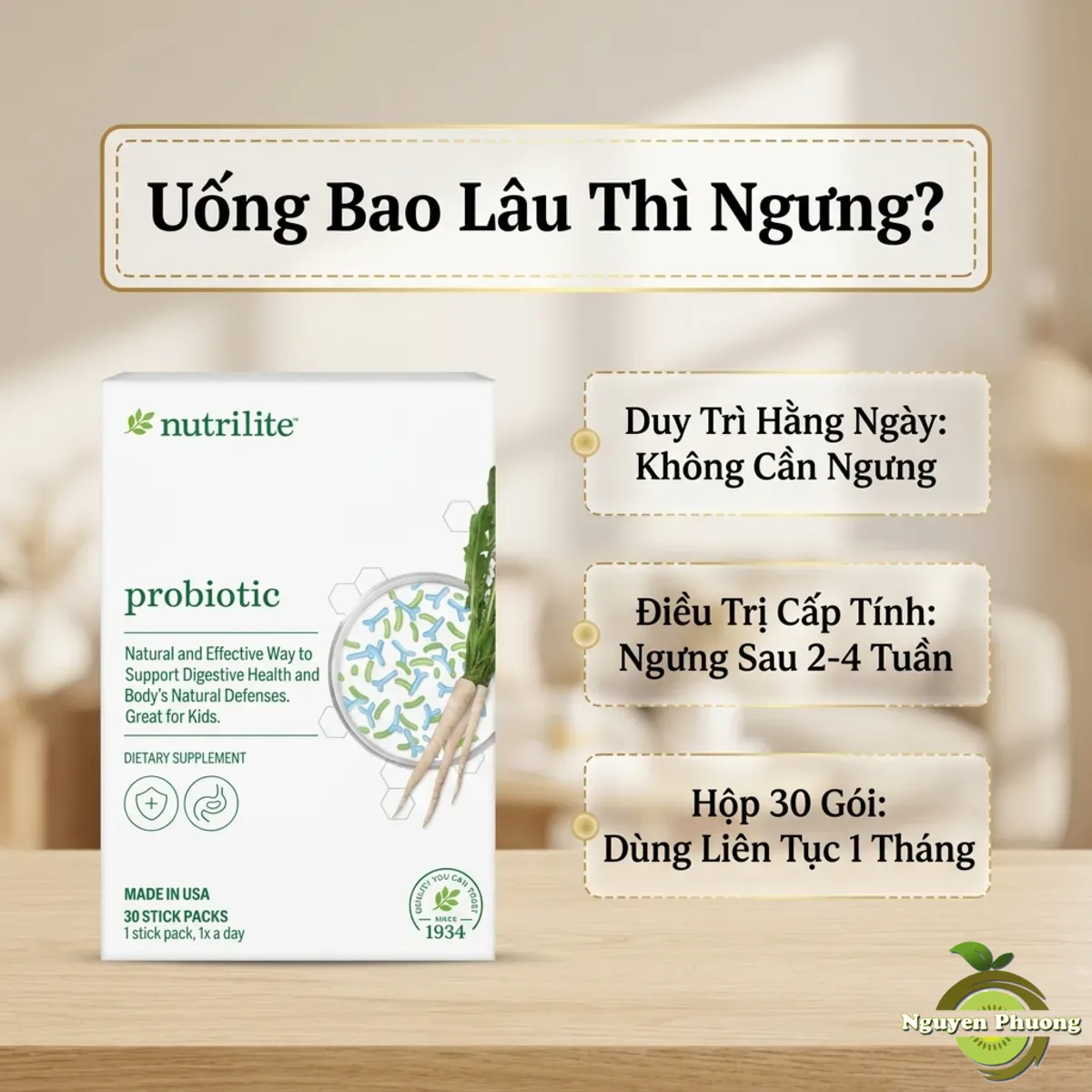 Nutrilite Probiotic uống bao lâu thì ngưng - duy trì hằng ngày không cần ngưng, điều trị cấp tính ngưng sau 2-4 tuần
