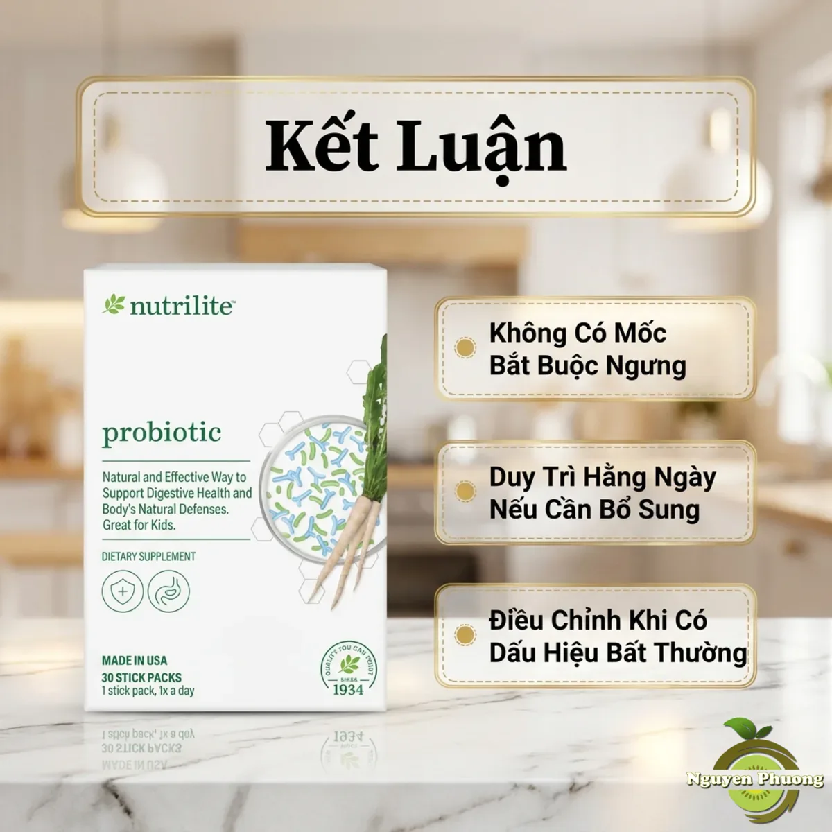 Kết luận về thời gian dùng Nutrilite Probiotic - không có mốc bắt buộc ngưng, duy trì hằng ngày nếu cần bổ sung