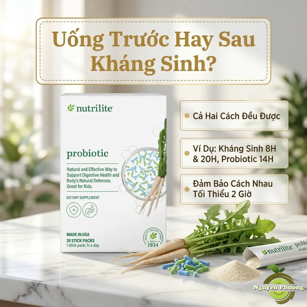 Nên uống Nutrilite Probiotic trước hay sau kháng sinh - ví dụ thời gian biểu